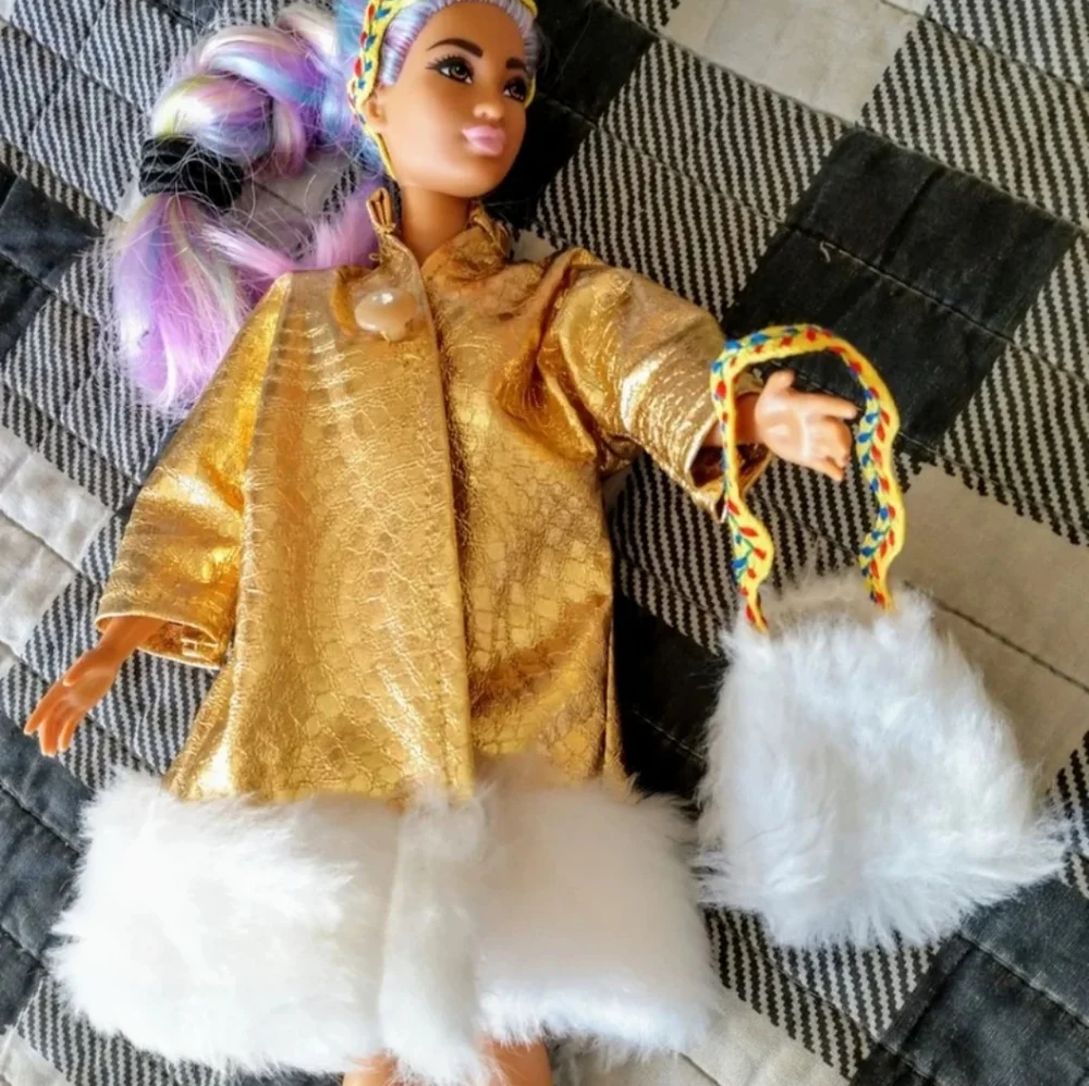 Handmade (Curvy) Barbie 3 pc outfit gold coat faux fur original